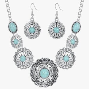 Turquoise Stone Silver-Tone Concho Necklace & Earring Set